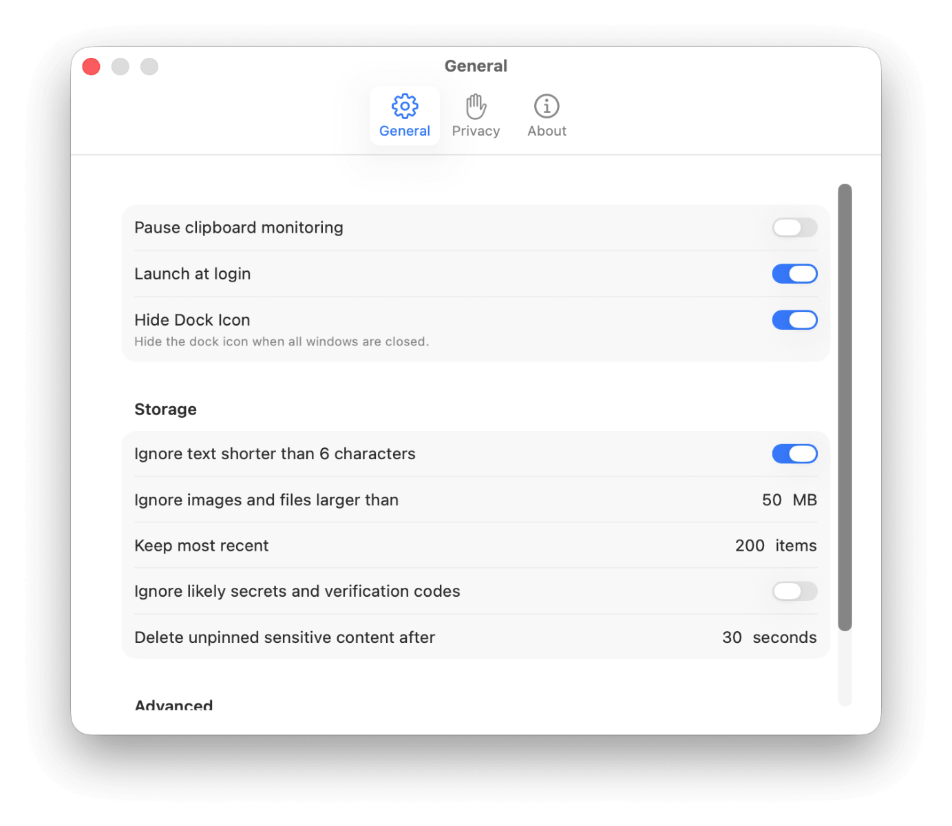 Ctrl C general and storage settings