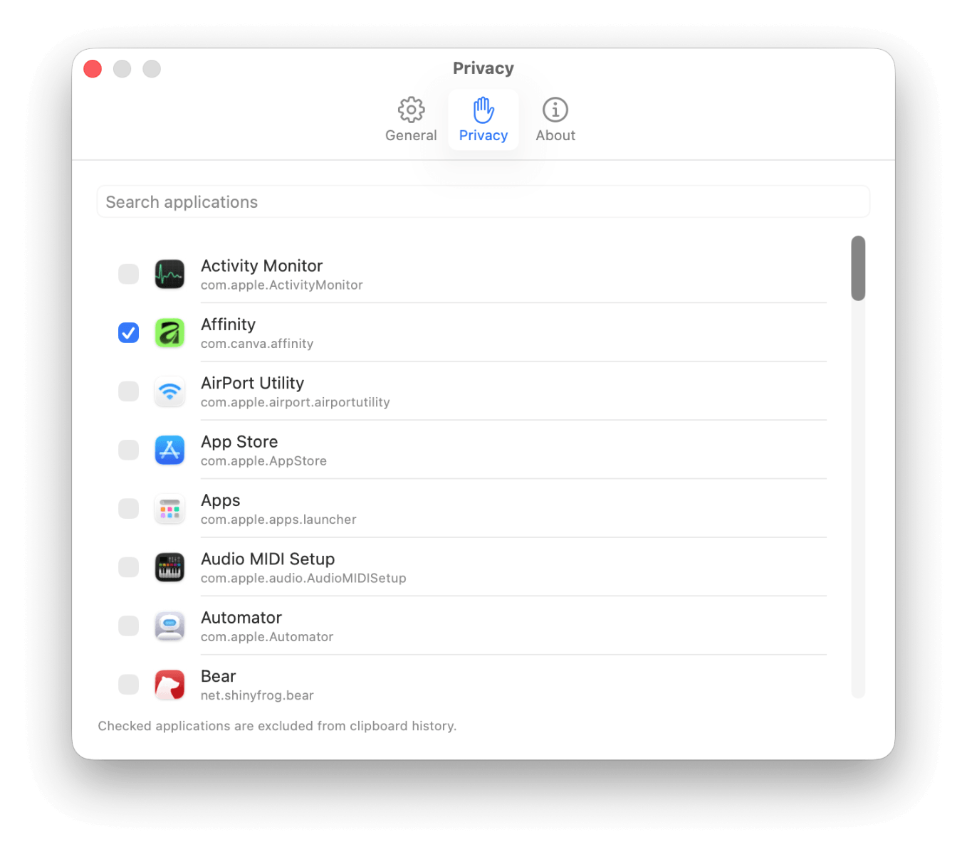 Ctrl C privacy settings for excluding selected applications
