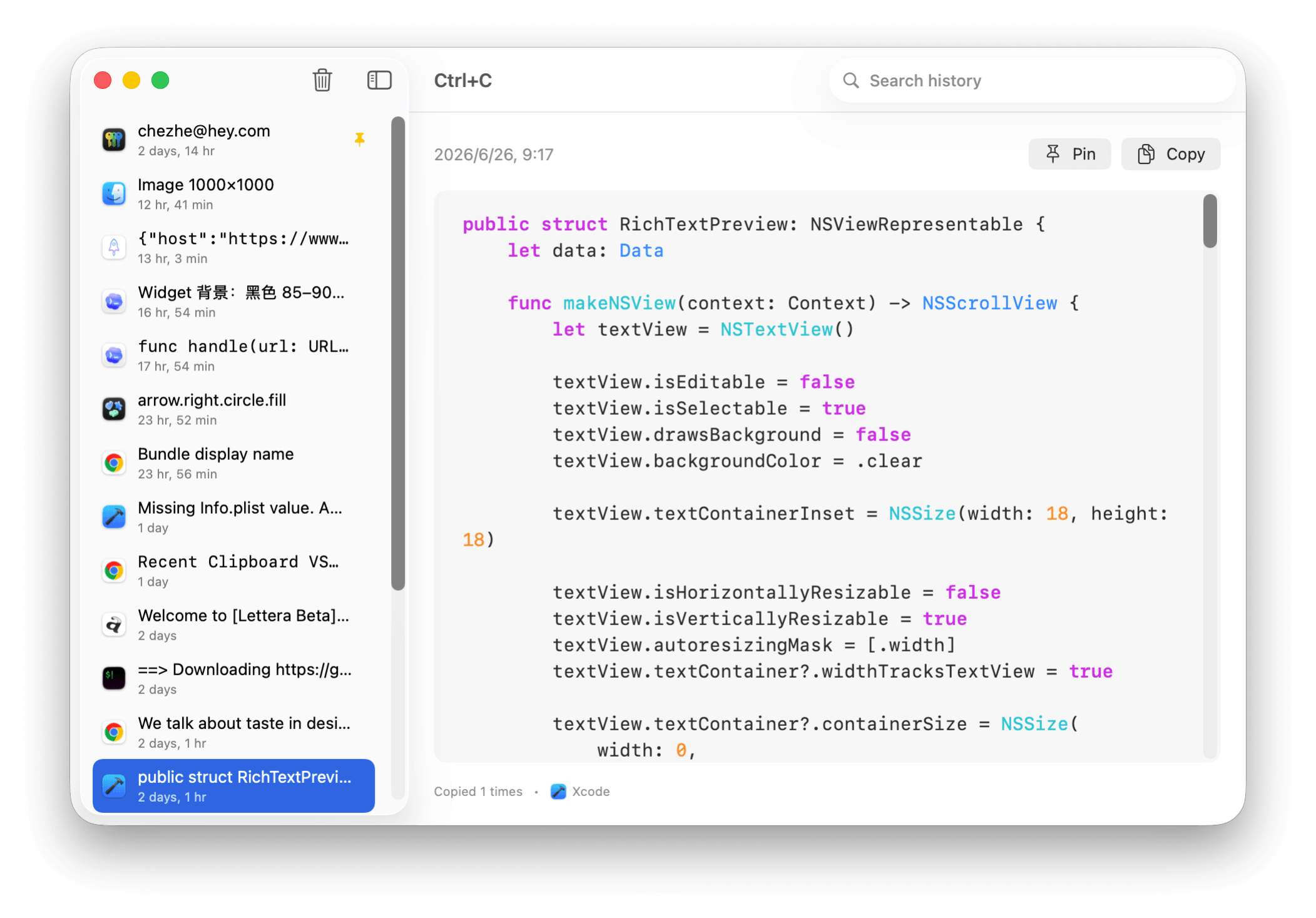 Ctrl C clipboard history with search, pin, and copy controls